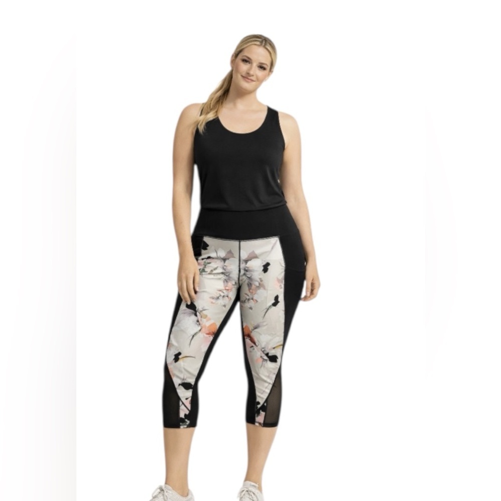 Athleta Floral Capri Leggings XL Black Mesh Panel Workout Pants